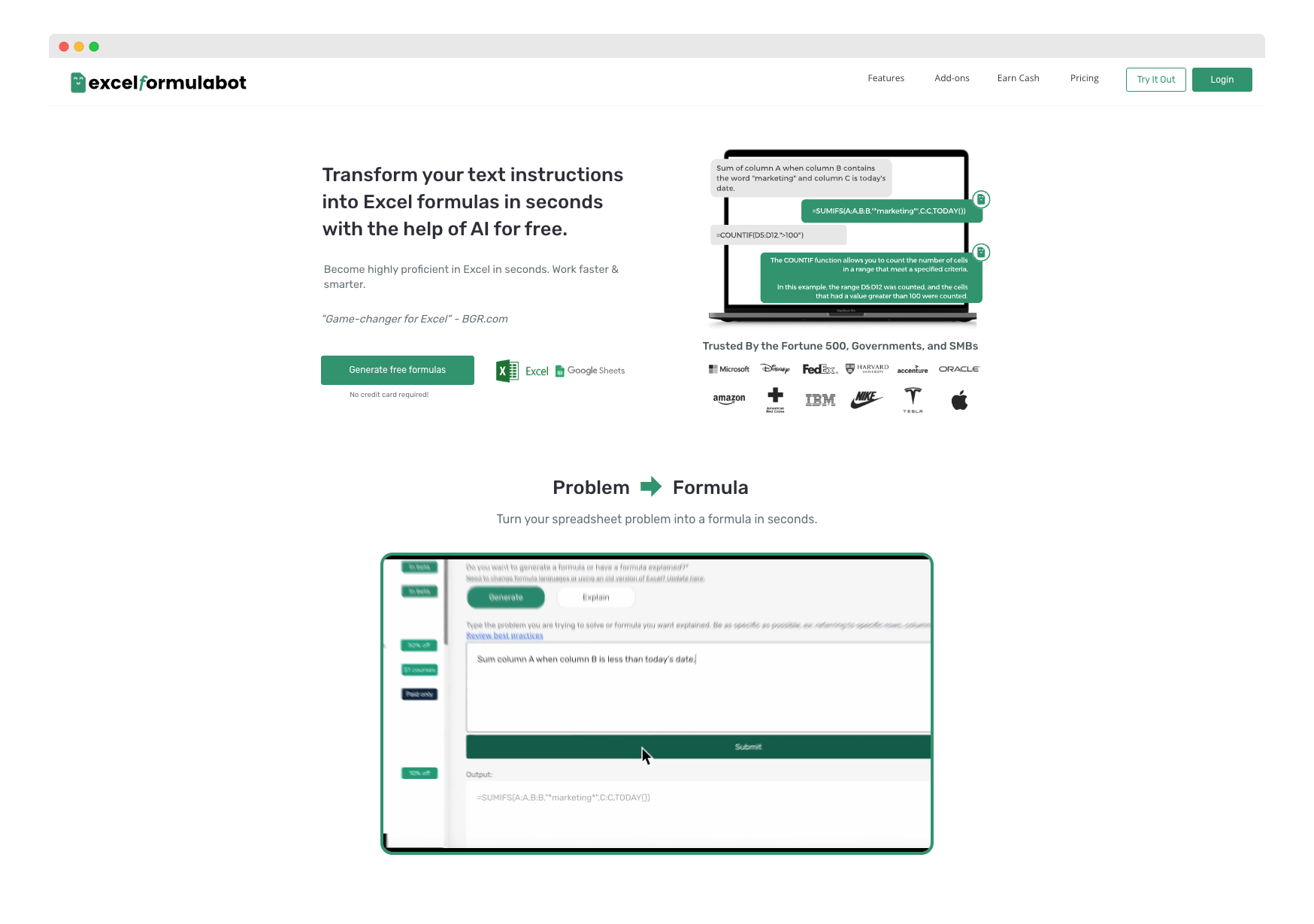 Excel Formula Bot’s current landing page