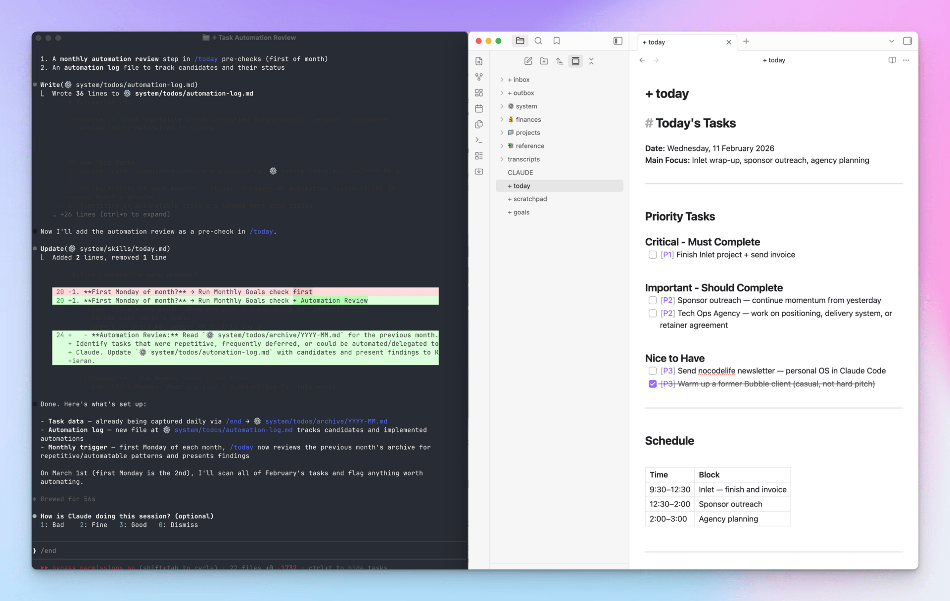 Obsidian and Claude Code running side by side showing a daily task plan