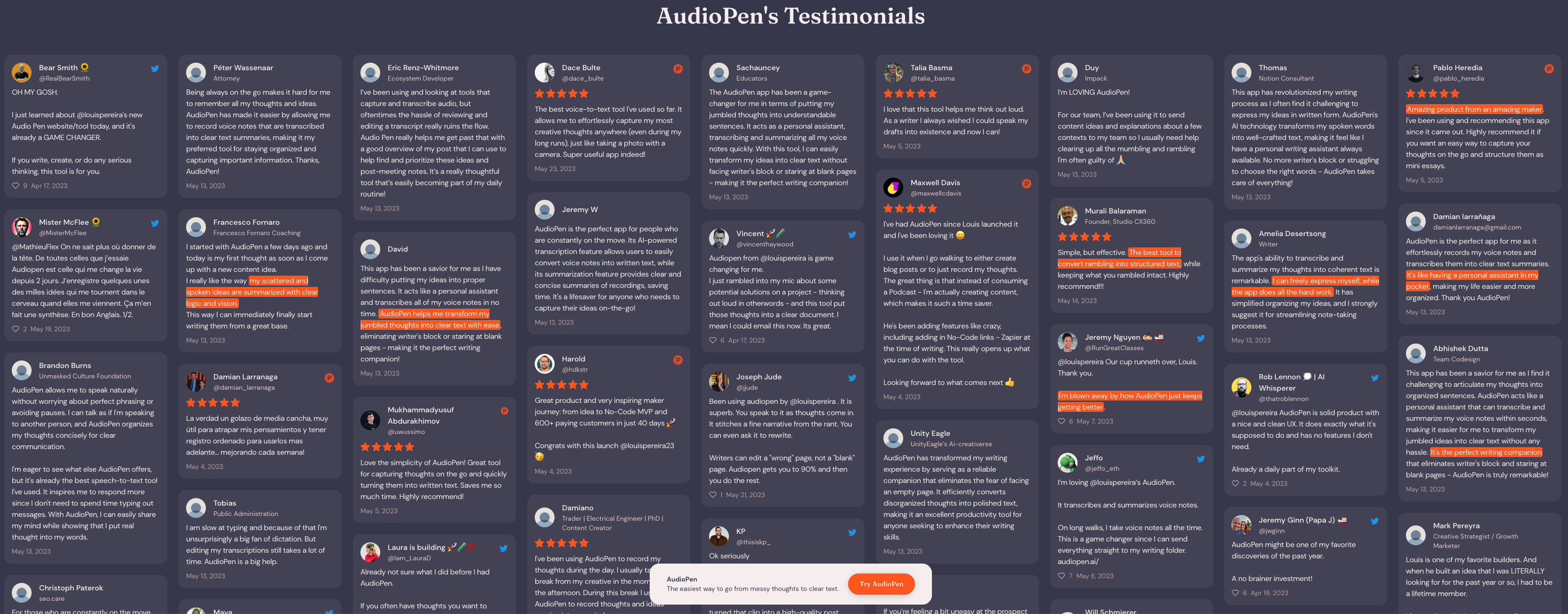 AudioPen's gigantic wall of testimonials